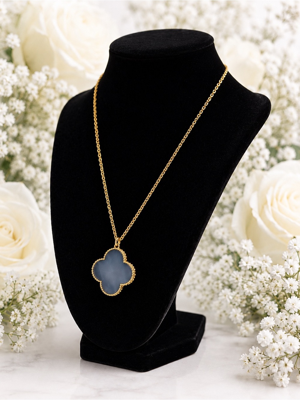 Gold Chain Necklace with Blue Clover Pendant - Women Jewelry